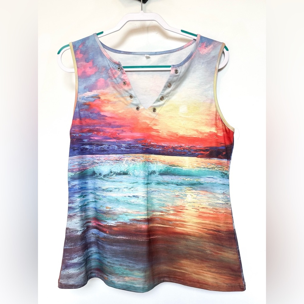 Bright Artsy V Neck Tank Top Unique Sunset Painting Print